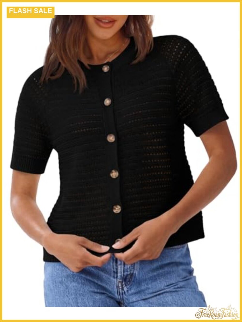 Women's Cotton Crochet Cardigan Short Sleeve Button Front Casual Knit Sweater